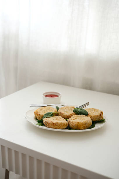 Healthy vegetable cutlets with herbs and spinach. Selective focus, space for text. High quality photo