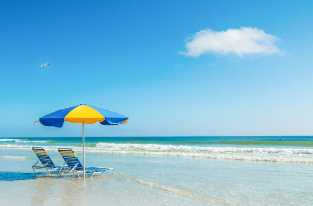 istock Two beach chairs and a parasol on the sand 2204377365