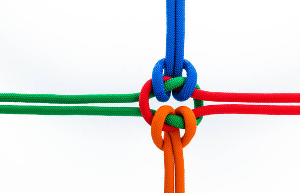 istock Four colorful ropes tied together on white background 2204382864