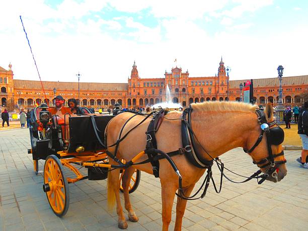 Seville ,Spain  -   A horse carriage in Plaza de España, Seville, Spain.Scenic view of Beautiful architecture Plaza de Espana (Spainish Square) in Maria Luisa Park, Seville, Spain.