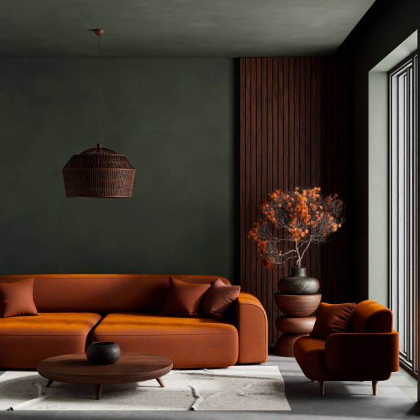 istock living room interior mock up with modern furnitures. Empty wall mock up in modern interior design. 3D illustration 2204389475