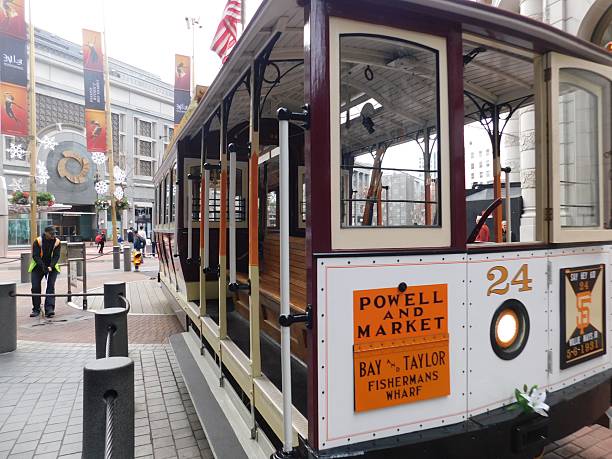 San Francisco, United States – February 14, 2024: Iconic San Francisco cable car on Market Street and Powell Street intersection