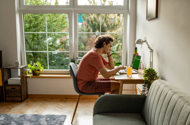 istock Young freelancer sitting , works online from home and using lap top 2204396358