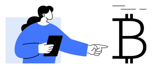 istock Female Figure Holding Tablet Pointing at Bitcoin Symbol in Modern Flat Design 2204397477