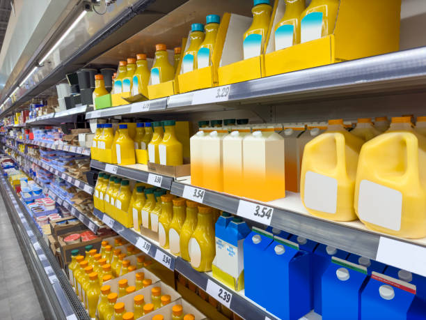 Supermarket shelf with refrigerated fruit juices