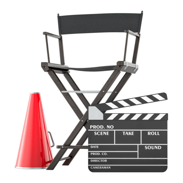 istock Directors chair with clapperboard and megaphone. Cinematography, concept. 3D rendering 2204402457