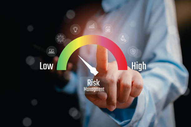 istock Risk Management Scale with Finger Pointing, Indicators of Low, Medium, and High Risk Levels, Business concept 2204408595
