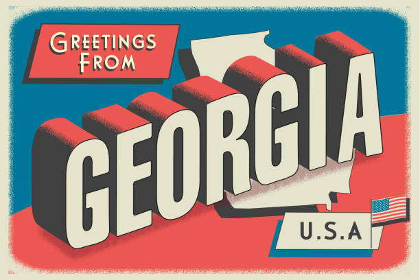 Vector illustration of a Greetings from USA retro postcard design layout with 3D vintage tourism style text design. State map. Red and blue color palette with American flag. All fonts outlined. Download includes vector eps and high resolution jpg.