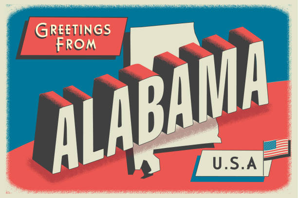 Vector illustration of a Greetings from USA retro postcard design layout with 3D vintage tourism style text design. State map. Red and blue color palette with American flag. All fonts outlined. Download includes vector eps and high resolution jpg.