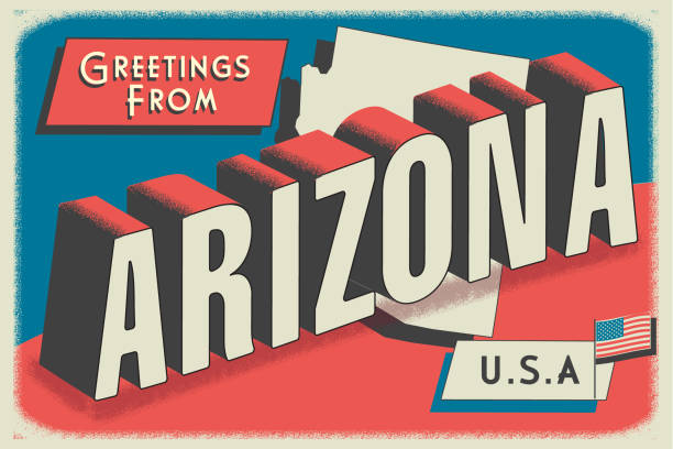 Vector illustration of a Greetings from USA retro postcard design layout with 3D vintage tourism style text design. State map. Red and blue color palette with American flag. All fonts outlined. Download includes vector eps and high resolution jpg.