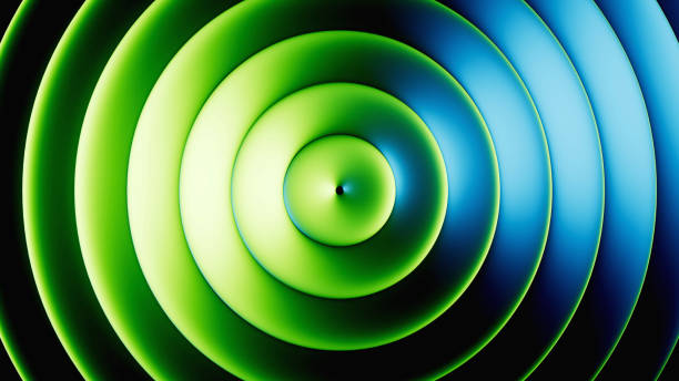 istock 3d rendering. Abstract minimalist geometric background. Round metallic texture with blue green gradient. Ribbed glass illuminated with neon light 2204418416