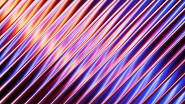 istock Reeded glass effect. 3d rendering of a vibrant abstract background featuring diagonal tubes in neon shades of blue, purple, and orange. Glossy ultraviolet wallpaper 2204418523