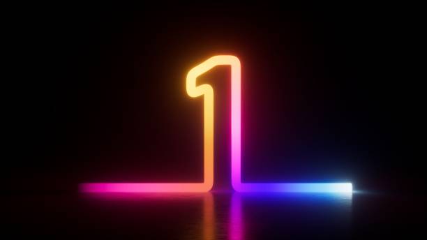 Number 1 with glowing neon lighting on black brick wall, 3d render.