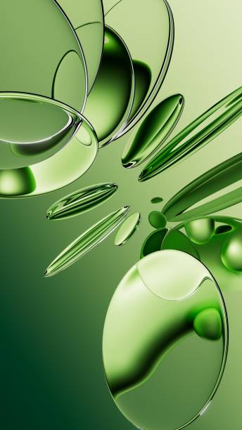 A 3d rendering. Round green glass shapes. Abstract aesthetic background, modern vertical wallpaper