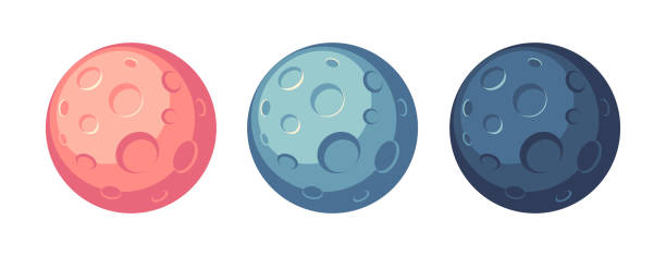 illustrazioni stock, clip art, cartoni animati e icone di tendenza di set di luna piena realistica isolata di notte. icone della sfera satellitare rossa, blu e scura. - satellite planetario