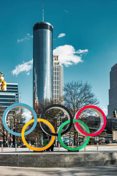The Olympic Rings at Centennial Olympic Park in downtown Atlanta Georgia USA on a sunny day.
