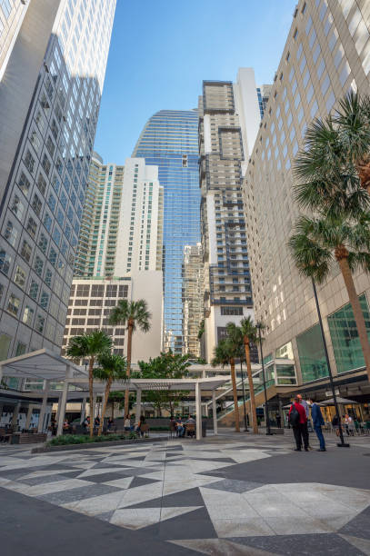 Miami, Florida, USA – February 28, 2025:  People on a downtown plaza surrounded by high-rise buildings
