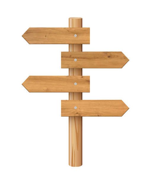 istock 3d wooden signboard vector illustration. Realistic wood sign post. Blank arrow with wood texture, plywood road pointer. City guidance 2204435837