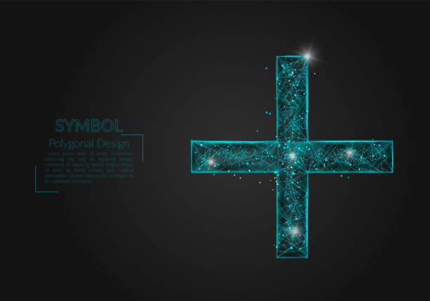 istock Abstract isolated blue image of a plus or cross sign. Polygonal illustration looks like stars in the blask night sky in spase or flying glass shards. Digital design for website, web, internet. 2204447772