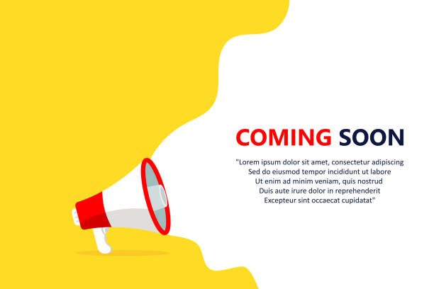 ilustraciones, imágenes clip art, dibujos animados e iconos de stock de próximamente, pancarta con megáfono. próximamente banner de burbuja de diálogo. ilustración vectorial para compras minoristas plantilla de marketing en línea, banner, cartel y fondo. - megáfono