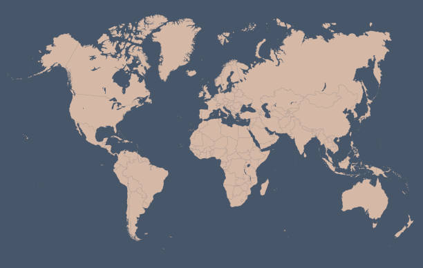 World Map - High Quality Print Vector Map of the World Contour in Warm Beige Vintage Colors on the Dark Blue Background