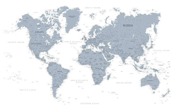 World Map - High Quality Print Vector Map of the World in Gray Monochrome Colors
