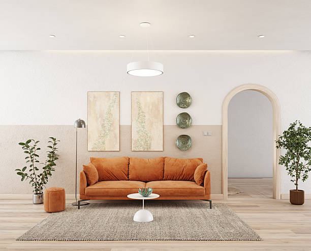 istock A cozy living room with an orange sofa, 2204448976
