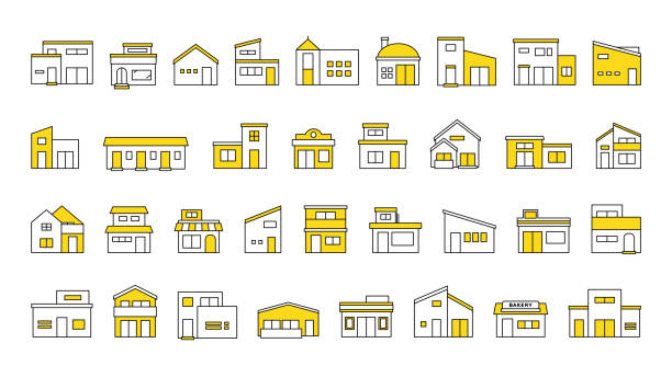 A set of simple building icon illustrations.