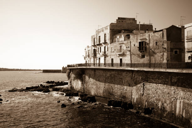 Siracusa, Sicily: Old Town Ortygia Water’s Edge in Sepia