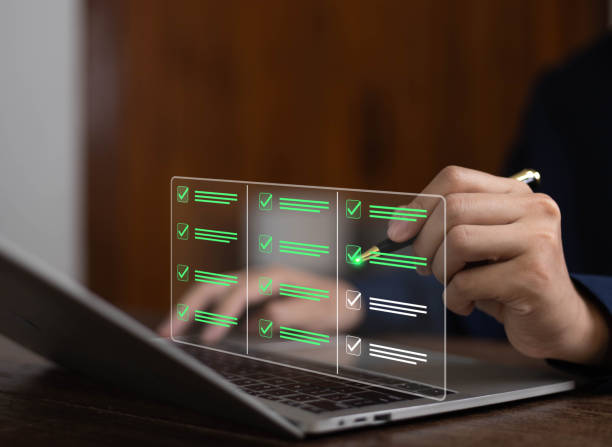 istock Online survey for business people using laptops, business performance survey concept, DMS document management system, performance appraisal. 2204456859