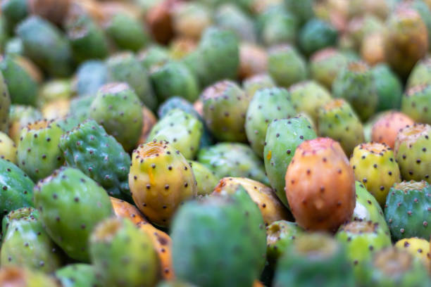 Close-up of prickly pears for sale on a market stall in Tunisia.