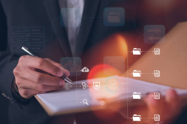 istock Document data system Report HR technology Concept Businessman Manager holding clipboard checking white documents reports papers of files icon in modern office 2204466957