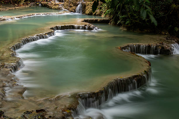Kuang Si Waterfall flowing into a clear blue forest river in Luang Prabang, Laos