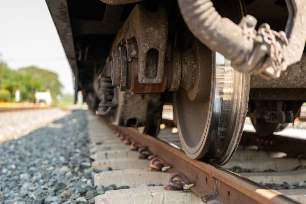 istock Train wheel part on the rustic railway track. 2204470225