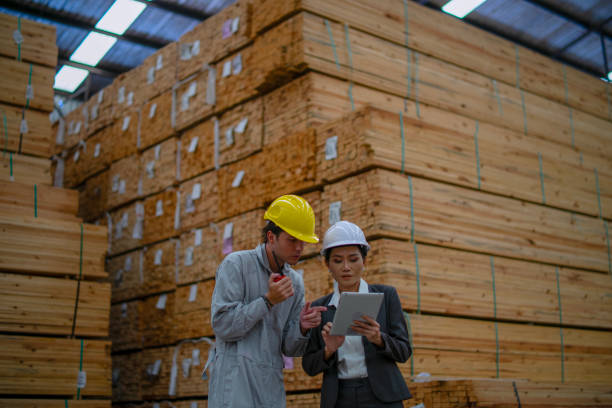 istock Blue collar workers  are working at wood factory. 2204470502