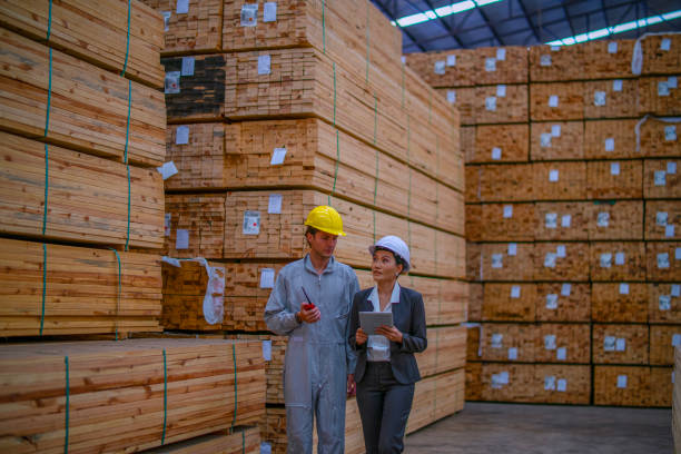 istock Blue collar workers  are working at wood factory. 2204470503