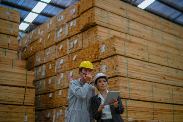 istock Blue collar workers  are working at wood factory. 2204470504