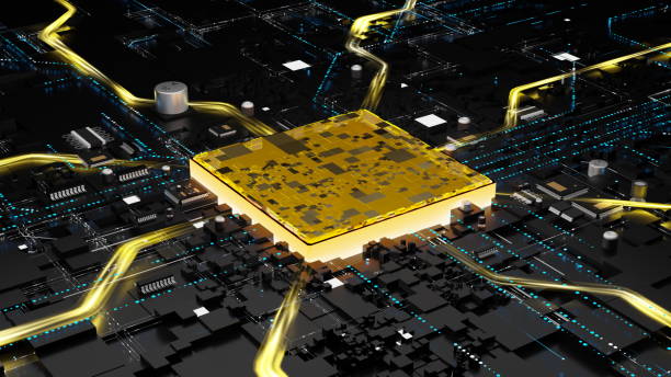 istock Futuristic digital landscape, a golden microchip is surrounded by complex circuitry and illuminated paths of light. 3d render 2204470722