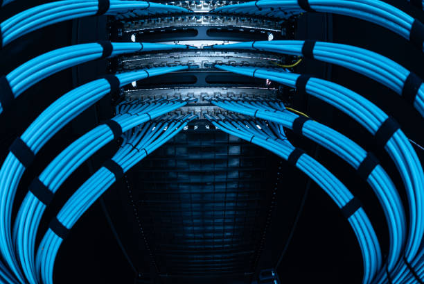 istock Rows of Blue Cables in a Server Rack with Dark Background 2204471928