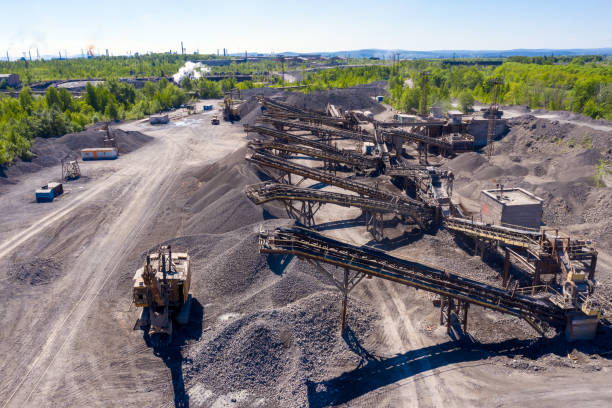Crushing and screening plant for processing and sorting crushed stone, sand and gravel. View from above