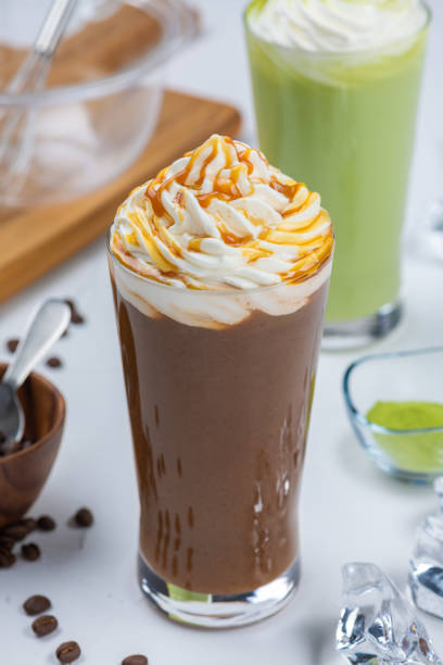 istock Caramel and Matcha Frappes on a White Table 2204475639