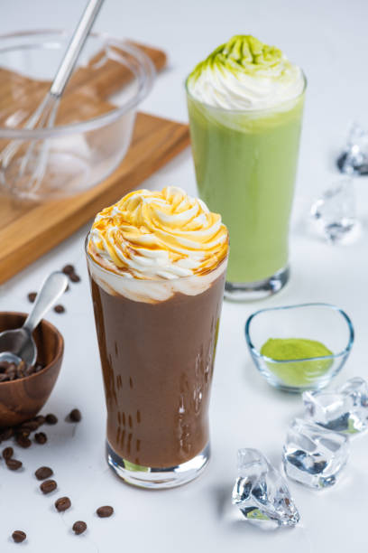 istock Caramel and Matcha Frappes on a White Table 2204475657