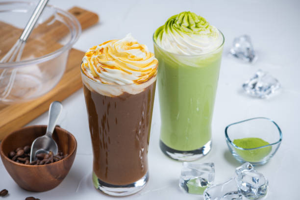 istock Caramel and Matcha Frappes on a White Table 2204475673