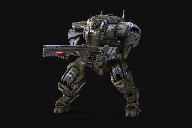 istock 3d render of sci-fi mech soldier stands in an attack pose holding an assault rifle with both hands. Concept of big military robot warrior in heavy green, gray scratched metal armor on dark background. 2204476476