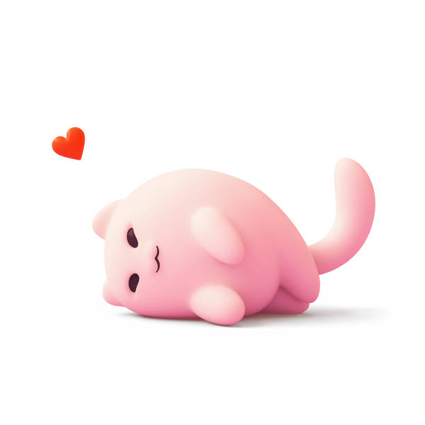 Kawaii cute fat pink kitten in lying pose sleeping. Floating red heart shape. Good night, sweet dreams, I love you, lazy days. Minimal stylized art, cartoon card. 3d render isolated on white backdrop.