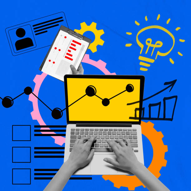istock Hands typing on laptop with analytics and data charts, clipboard with checklist, glowing light bulb. Art collage 2204485396
