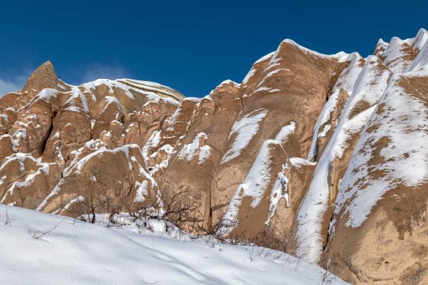 istock Snow-covered rock formations under a clear blue sky in Cappadocia, Turkey 2204485677