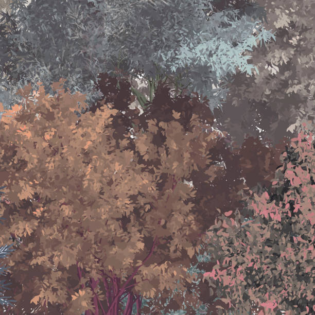 istock Wallpaper textile pattern with natural leaves and trees background mountain and sky sunset. 2204487782
