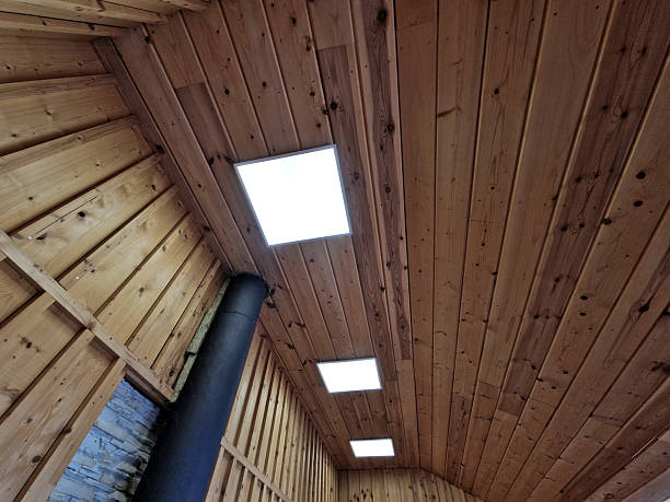 istock plank ceiling in the attic with spotlights. a sloped ceiling will give the room a lived-in feel. roof windows, wall, plaster 2204487944
