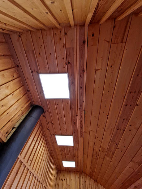istock plank ceiling in the attic with spotlights. a sloped ceiling will give the room a lived-in feel. roof windows, wall, plaster 2204488073
